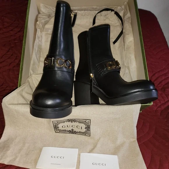 Gucci Black Leather Boots with Gold Accents Brand new 38.5 - Picture 2 of 7